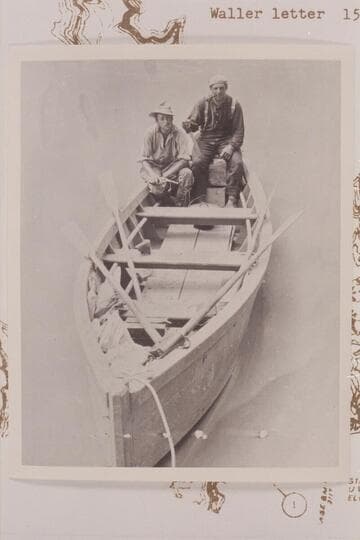 The skiff "W. H. Bradley" with McDermid and Nungesser.  Built at Lees Ferry in 1910 and towed up to Mile 105 in Glen Canyon by "The Canopy," August 1910