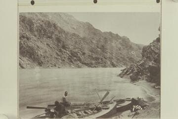 Boats below Scanlon's Ferry at head of Hualapai [sic] Canyon.  626-760--upriver.  Below Hualpai Rapid
