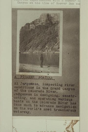 Albert S. Jagerson at the mouth of Diamond Creek.  Jagerson experimented with a number of motorboats in Black Canyon at the time of Hoover Dam construction