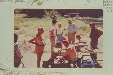 Fran Belknap visits the camp of the Bur. of Rec. crew about Mile 43 LB