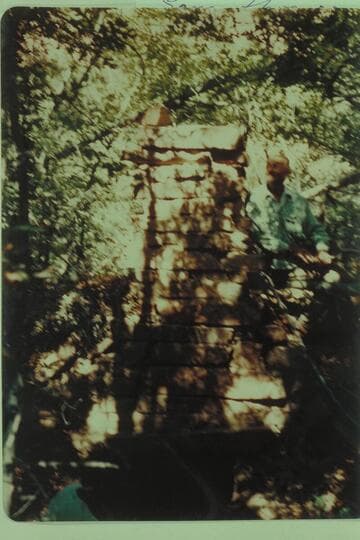 In oaks on upper Schock bar, Mile 110.6., right bank.  Shows Dr. Schock's dugout and fireplace