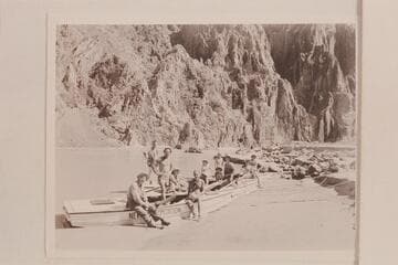 The Nevills 1947 party, which made the run from Lees Ferry to Bright Angel Creek in July, posed at the beach at Bright Angel Creek