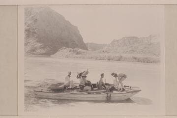 The "Esmeralda" starting on test run up into Glen Canyon.  Left to right:  Taylor; Mrs. Hudson; Mrs. Robinson; Ed Hudson; and Bestor Robinson