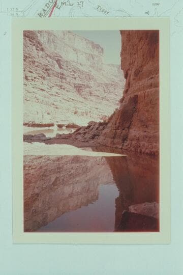 Upriver across plunge pool at mouth of Tiger Wash.  Boulder fan at 27 Mile Rapid.  Mile 26.7