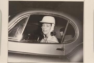 Evie Mull (Mrs. John Barnes Mull).  "The helmeted Juno is in real life Evie having pre-race jitters at the start at Thompson, Connecticut, last summer." (letter of John Mull, 1954, Mar. 23)