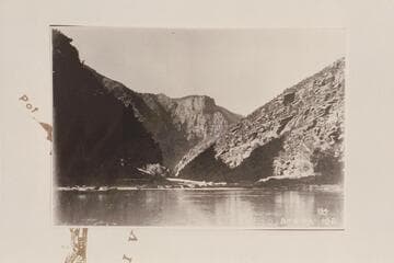 Down the Canyon of Lodore with Dunns Cliff on the skyline.  From Mile 233.3