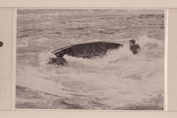 The canoe used in the Rogue River traverse swamps.  Appears to be one place where the high canvas deck did not take all the high, curling waves across