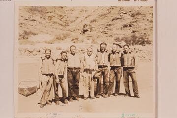 The Dusty Seven at Chuar Creek the morning of July 24, 1934:  Bus Hatch, Royce Mowrey, Russ Frazier, Clyde Eddy, Frank Swain, Bill Fahrni and Alton Hatch.  The flow of the river was so low during their cruise it was dusty
