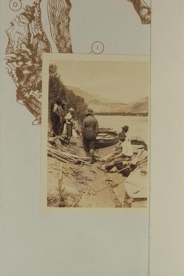 Preparations for the USGS 1923 cruise of Grand Canyon.  Print from Freeman collection.  Freeman walks from camera at center.  Kolb has the handkerchief tied on his head.  Photo probably by Roger Birdseye