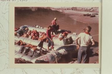 Georgie and Jim White with her ponderous equipment used in river navigation; Bright Angel Creek
