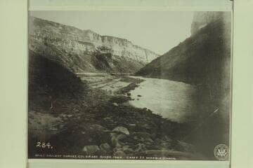 Below Soap Creek Rapid looking upstream from right bank.  Also captioned:  Camp at Lower End of Sand Bar