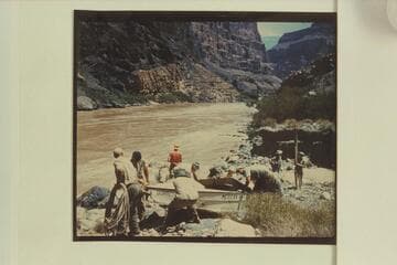 The Wright-Stavely sadison being portaged at the mouth of Prospect Canyon at Vulcan Rapid