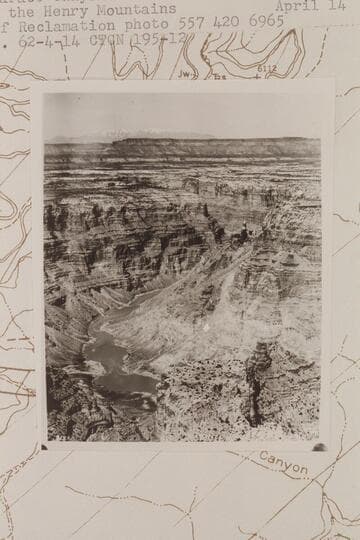 Down Cataract Canyon from below Gypsum Canyon and across the ledge to the Henry Mountains