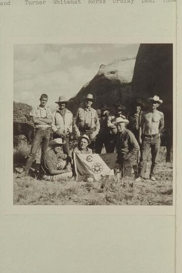 Group at camp at head of 73.6.  Seated:  Eisman; Marston; Masland.  Standing:  Turner; Whitehat; Morss; Ordiway; Lehi; Tobe Owl; Daly.  Belknap used Marston camera
