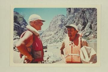 Dock Marston congratulating Jon Hamilton for the first successful run up Vulcan Rapid