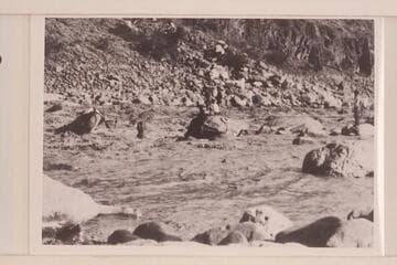 The "Powell" fouled in the rocks at Dubendorff Rapid.  The boat was being lined and got across two boulders