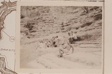 Nevills party camped at the head of the lagoon at the mouth of Supai Creek.  Nevills and Kent Frost at right, Al Milotte front center