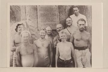1942 Grand Canyon party at Separation Rapid.  Lower:  Nevills, Walker, Wilson, Olsen.  Upper:  Marston, Wilson, Marston, Hudson, McConkie