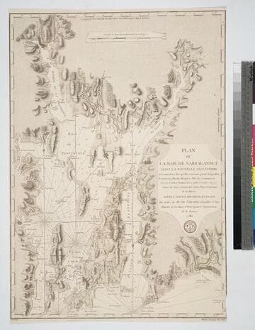 Plan de la Baie de Narraganset dans la Nouvelle Angleterre avec toutes les Íles qu'elle renferme parmi lesquelles se trouvent Rhode-Island et Ílle de Connonicut