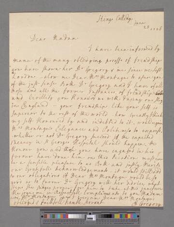 Gregory, Elizabeth (Forbes). Letter to Elizabeth (Robinson) Montagu