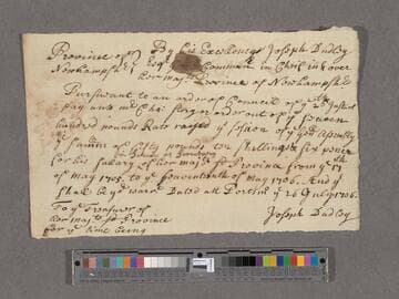 Dudley, Joseph. To ye Treasurer of H.M. Province of New Hampshire pro. tem. : Pay warrant in favor of Charles Story