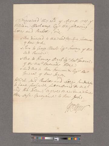 Sloper, William. To William Blathwayt: Receipt for Severall Packetts for New York