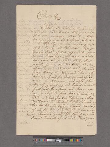 Charles II, King of Great Britain. [Commission appointing George Harris to the Office of Secretary of Our Island of Jamaica and also Commissary of Stores.]