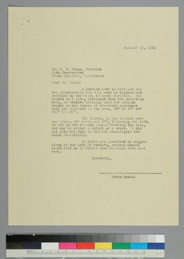 EPH writes to astronomer Donald Shane