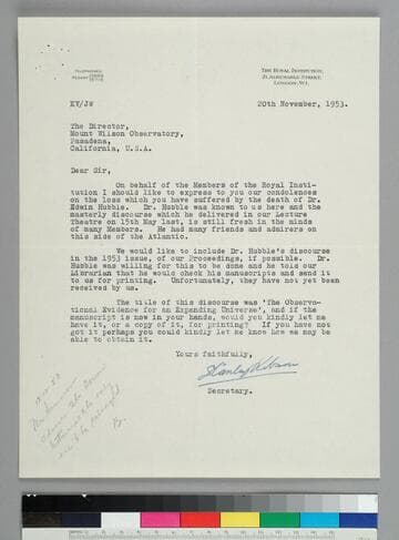 Stanley Robson, secretary of the Royal Institution, writes to Ira Bowen