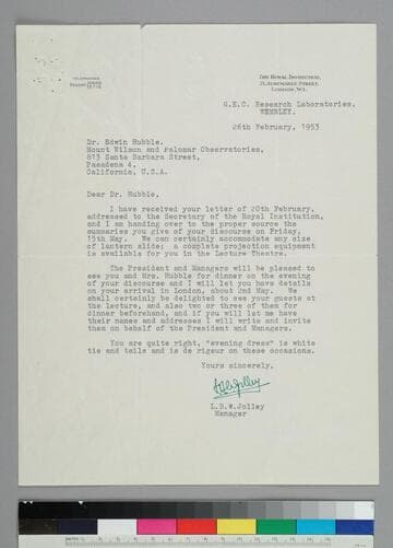 L. B. W. Jolley, Manager of the Royal Institution, writes to EPH