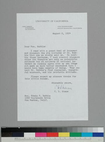 Donald Shane, director of the Lick Observatory, writes to GBH