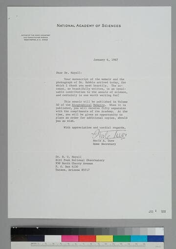 Merle Tuve, Home Secretary of the National Academy of Sciences, writes to astronomer Nicholas Mayall