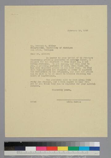 EPH writes to astronomer Freeman Miller of the University of Michigan