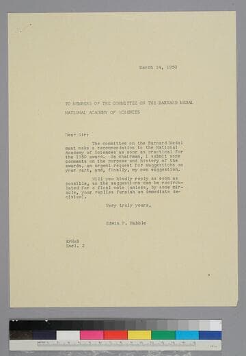 EPH writes to the Barnard Medal Committee of the National Academy of Sciences