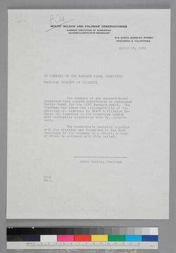 EPH writes to the Barnard Medal Committee of the National Academy of Sciences