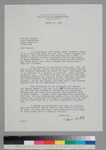 EPH writes to astronomy graduate student Nicholas Mayall