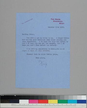 Writer Fryniwyd Tennyson (Jesse) Harwood writes to her friend GBH