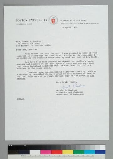 Astronomer Gerald Hawkins of Boston University writes to Grace Hubble