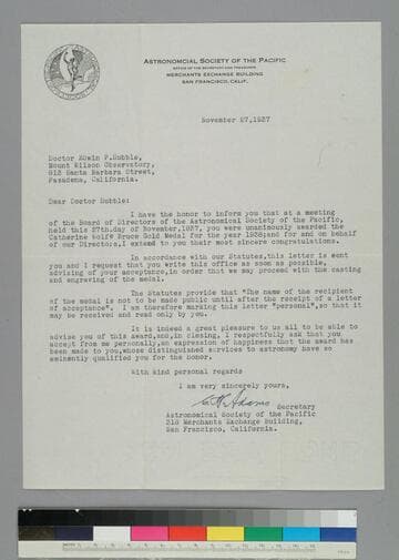 C. P. Adams, secretary of the Astronomical Society of the Pacific, writes to EPH