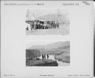 Colorado River - survey party of 13 people camping near touring cars