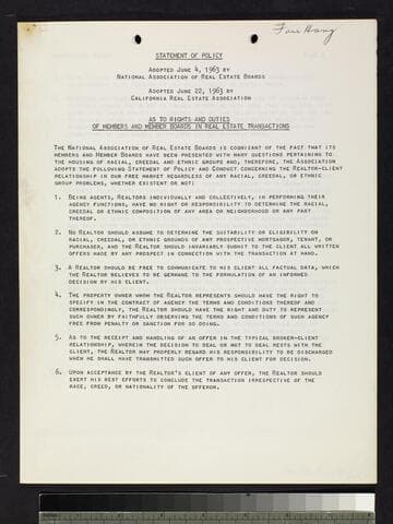 Statement of Policy Adopted June 4, 1963