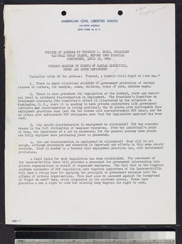 Outline of Address by Theodore W. Kheel