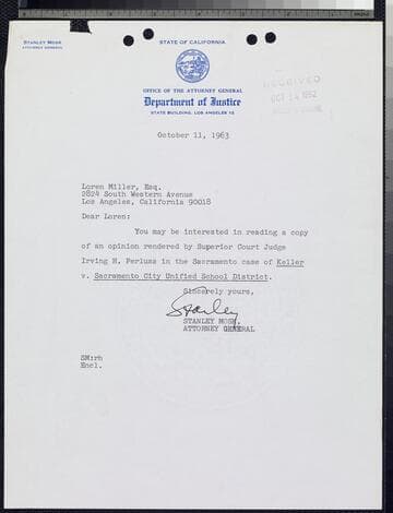 Letter by Mosk to Miller, October 11, 1963