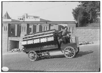 A man test driving the Lansden Electric truck on Grand Avenue in Los Angeles