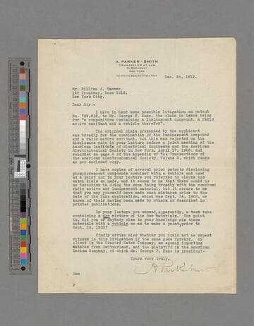 Miscellaneous correspondence about a patent suit relating to the use of radium