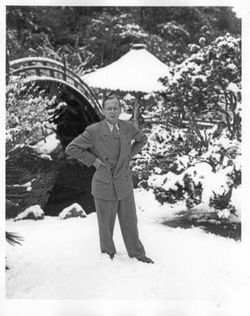 Irwin Morrkisch in the Japanese garden after snowfall, January 11, 1949