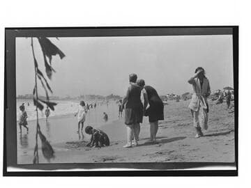People on the beach and in the surf, Ocean Park, Venice Beach, California