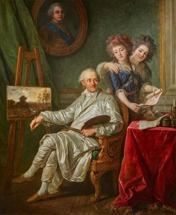 Portrait of the Comte de Cromot, Superintendent of the Comte de Provence, at an easel,
accompanied by his two daughters-in-law