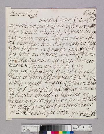 Leigh, Elizabeth Craven, approximately 1651-1687. Letter to Theophilus Leigh, approximately 1643-1725