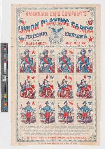 American Card Company's Union playing cards, national emblems, the suits are eagles, shields, stars and flags : Colonel in place of King, --- Goddess of Liberty for Queen, --- Major for Jack